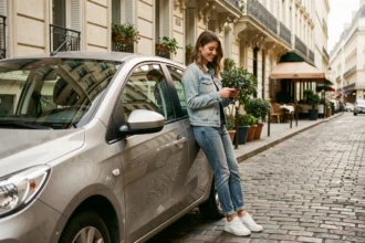 Jeune femme urbaine appuyée contre une voiture compacte dans une rue pavée parisienne