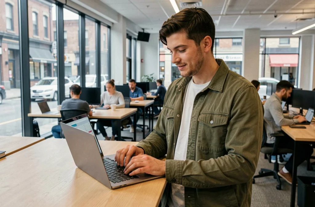 Jeune homme actif gérant ses finances sur un ordinateur portable dans un espace de coworking moderne