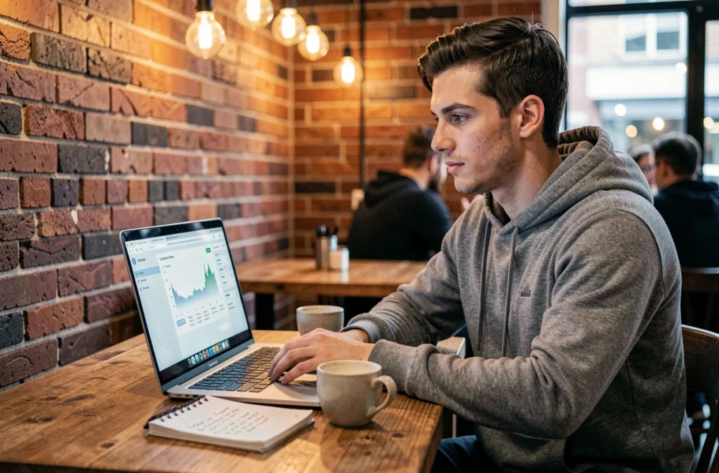 Jeune investisseur en cryptomonnaies consultant un logiciel de déclaration fiscale dans un café urbain