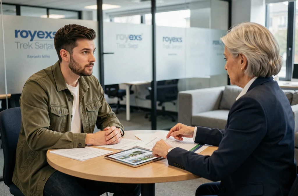 Jeune homme rencontrant une agente immobilière pour discuter d'un projet d'investissement locatif dans une agence moderne