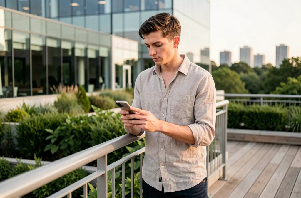 Jeune professionnel sur la terrasse d'un campus d'entreprise moderne consultant son smartphone, symbolisant l'importance de l'autonomie et du bien-être pour attirer les jeunes talents