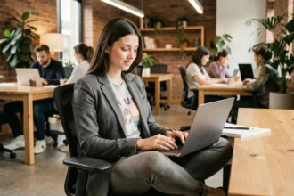 Jeune professionnelle travaillant dans un espace de coworking moderne, illustrant les nouveaux critères d'attractivité des entreprises pour les jeunes talents