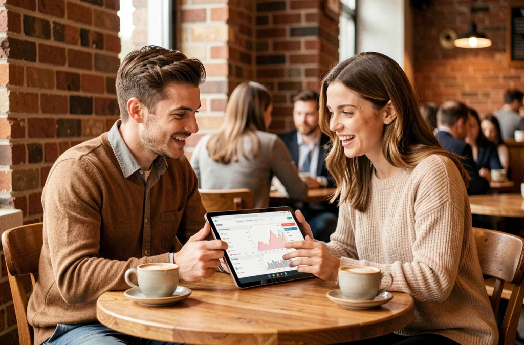 Deux jeunes actifs discutant de leurs finances via une application bancaire en ligne sur une tablette dans un café