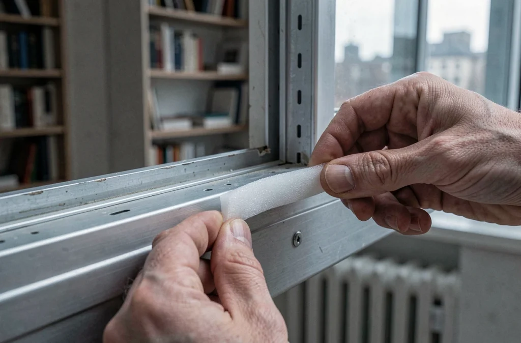 Pose d'un joint acoustique autocollant sur le cadre d'une fenêtre pour réduire les bruits extérieurs en appartement