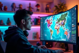Joueur de DOFUS concentré sur sa route XP via les portails Zaap devant son écran de jeu