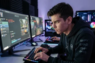 Joueur tryhard concentré devant son setup gaming avec pseudo personnalisé affiché sur l'écran en ranked