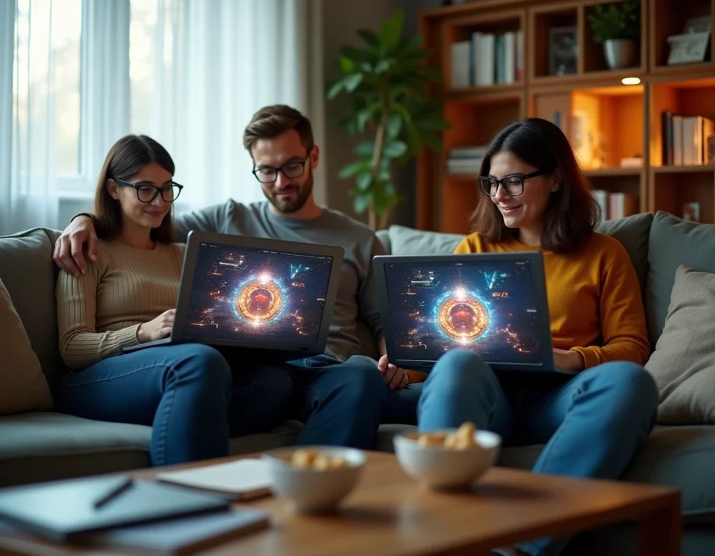 Deux joueurs adultes planifiant ensemble leur route XP sur DOFUS avec des portails sur leurs laptops