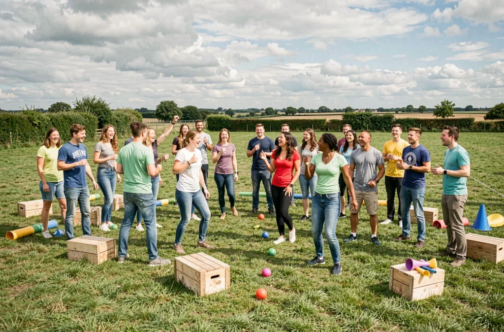 Groupe de participants adultes et adolescents jouant à un jeu de team-building en plein air dans la campagne de Loire-Atlantique pour Jouons Tous Ensemble