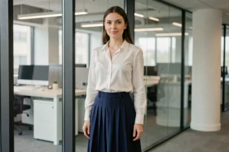 Femme professionnelle portant une jupe plissée bleu marine et un chemisier blanc dans un bureau moderne