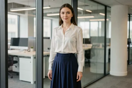 Femme professionnelle portant une jupe plissée bleu marine et un chemisier blanc dans un bureau moderne