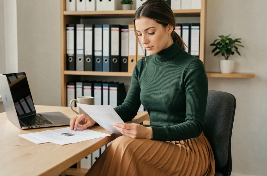 Femme assise à un bureau de travail avec une jupe plissée camel et un pull col montant vert