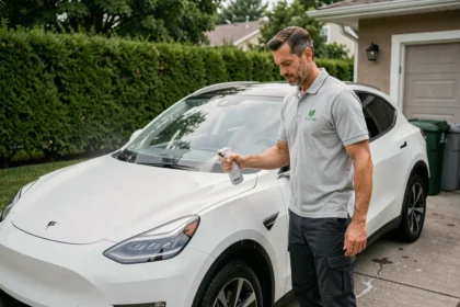 Un homme applique un produit de lavage écologique sans eau sur une voiture électrique dans une allée résidentielle