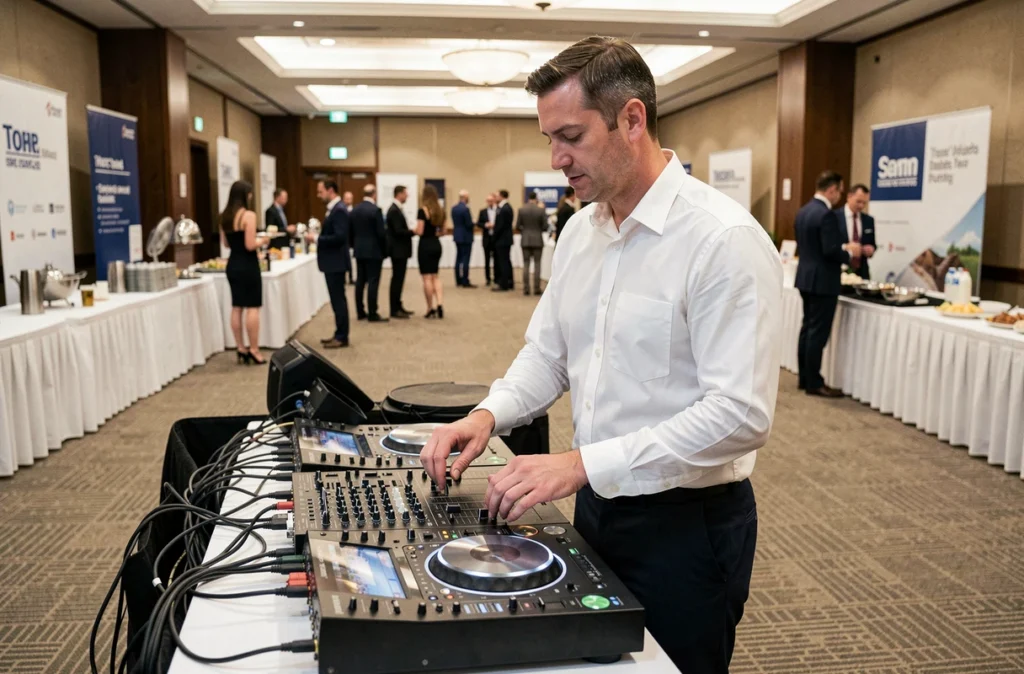LDGSON assurant l'animation musicale d'un afterwork d'entreprise dans une salle de conférence en Essonne