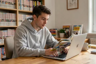 Jeune homme lisant des mangas en ligne sur un ordinateur portable dans un bureau à domicile entouré de volumes de manga
