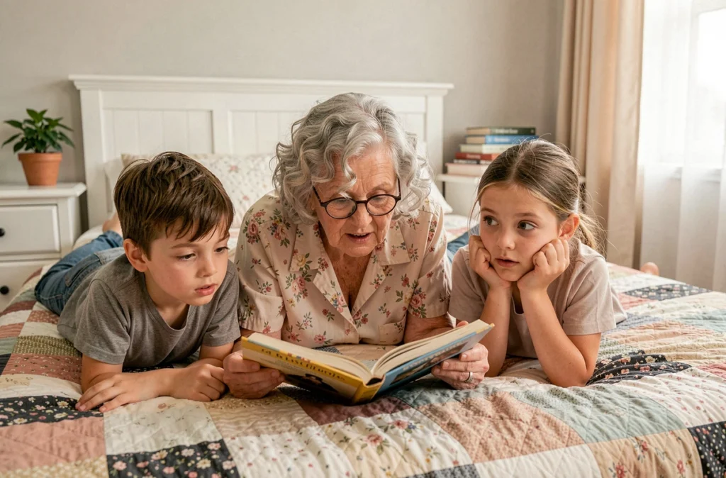 Grand-mère lisant une histoire à ses petits-enfants allongés sur le lit, moment de transmission intergénérationnelle