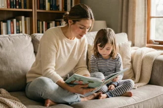 Mère et fille lisant ensemble un livre illustré sur le canapé du salon, moment de complicité familiale