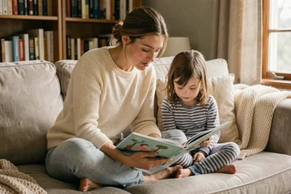 Mère et fille lisant ensemble un livre illustré sur le canapé du salon, moment de complicité familiale