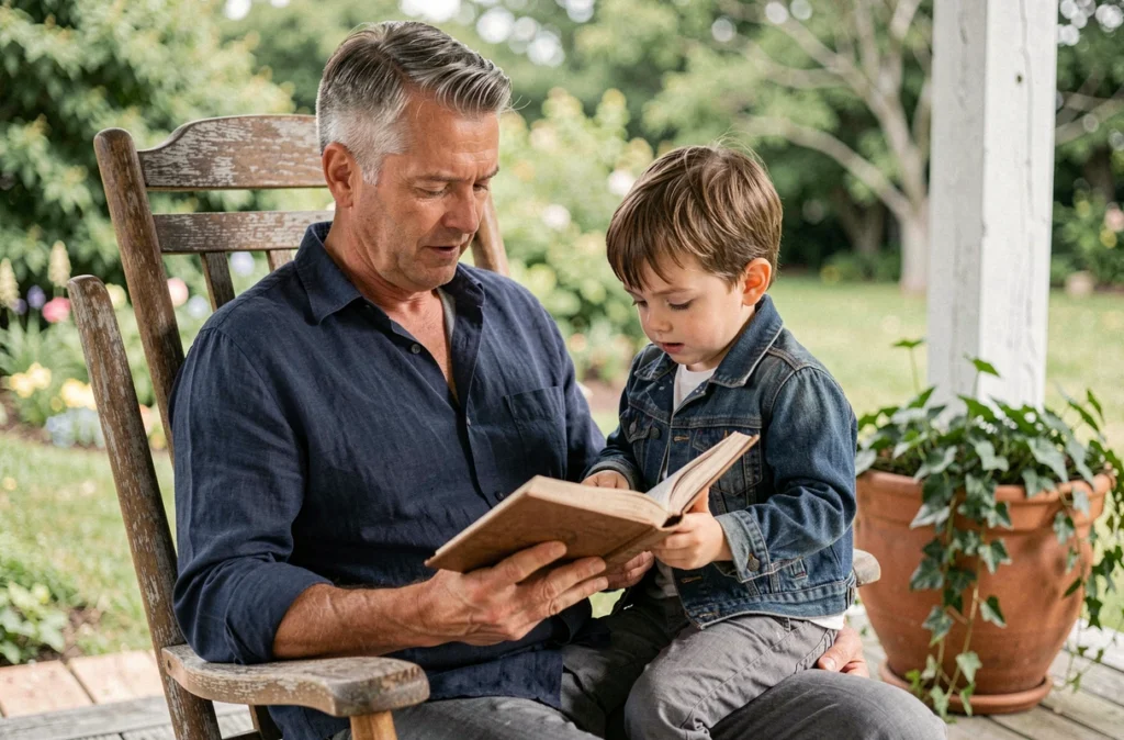 Père et fils partageant un livre sur la terrasse, lecture en plein air entre parent et enfant