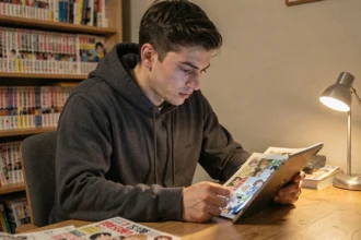 Jeune homme lisant un scan de manga One Piece sur une tablette dans sa chambre