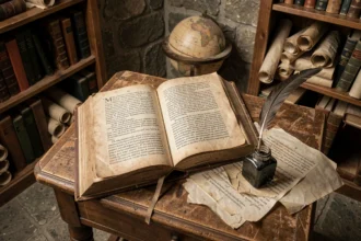 Vieux livre latin ouvert sur un bureau Renaissance avec plume et manuscrits anciens, illustrant l'origine historique de la citation 'l'homme est un loup pour l'homme'