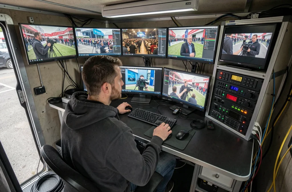 Technicien vidéo surveillant des flux en direct sur plusieurs écrans dans un camion de production mobile pour M Stream Productions