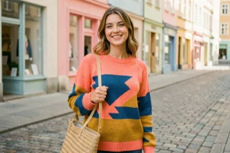 Jeune femme portant un pull en maille colorée aux motifs géométriques dans une rue pavée européenne au printemps
