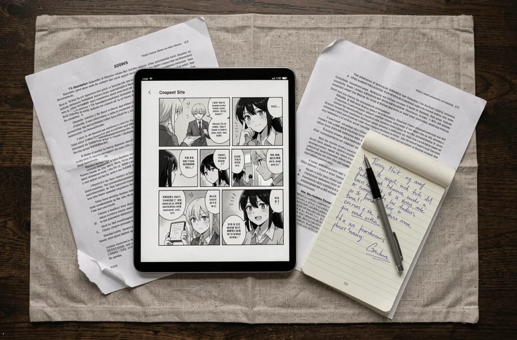 Vue aérienne d'une tablette affichant un chapitre de manga posée à côté de documents légaux et de notes manuscrites sur une table en bois