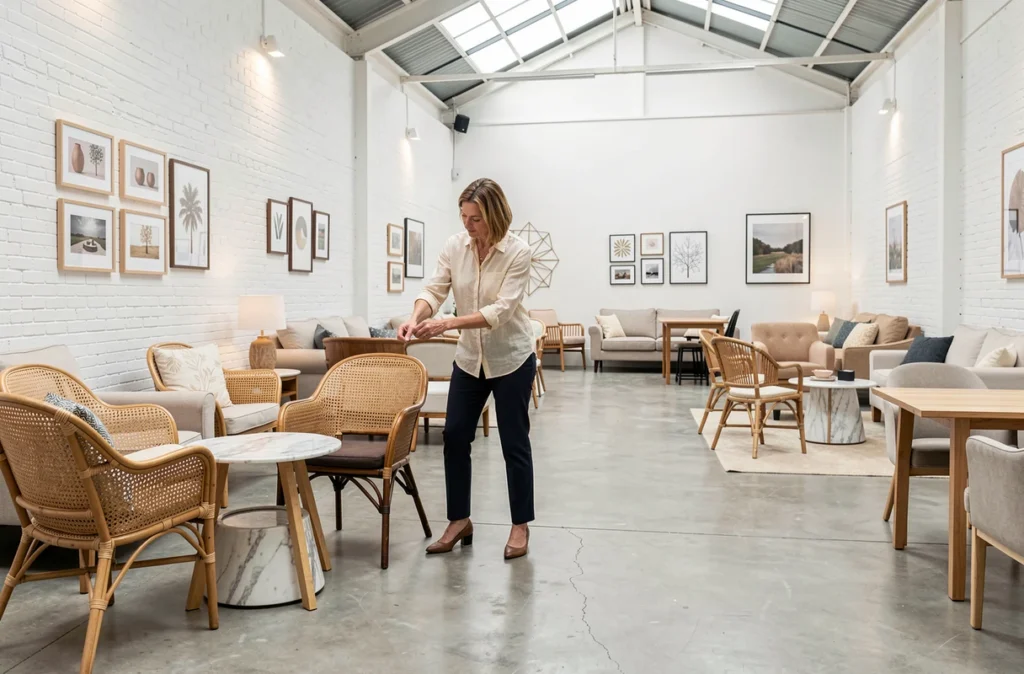 Spécialiste de location de mobilier arrangeant des chaises en rotin et des tables en marbre dans un showroom d'événementiel pour Marietta Locations