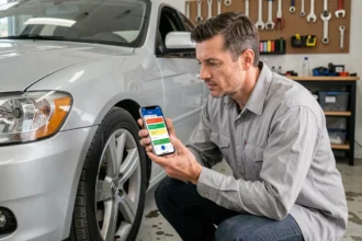 Mécanicien consultant une application mobile de gestion d'entretien automobile dans un garage résidentiel