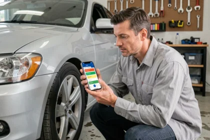 Mécanicien consultant une application mobile de gestion d'entretien automobile dans un garage résidentiel