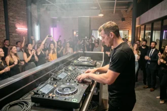 DJ professionnel en prestation dans une salle d'événements en Essonne, foule animée sur la piste de danse