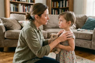 Mère en train d'écouter attentivement sa fille avec empathie dans un salon familial chaleureux, illustrant la communication non violente en famille