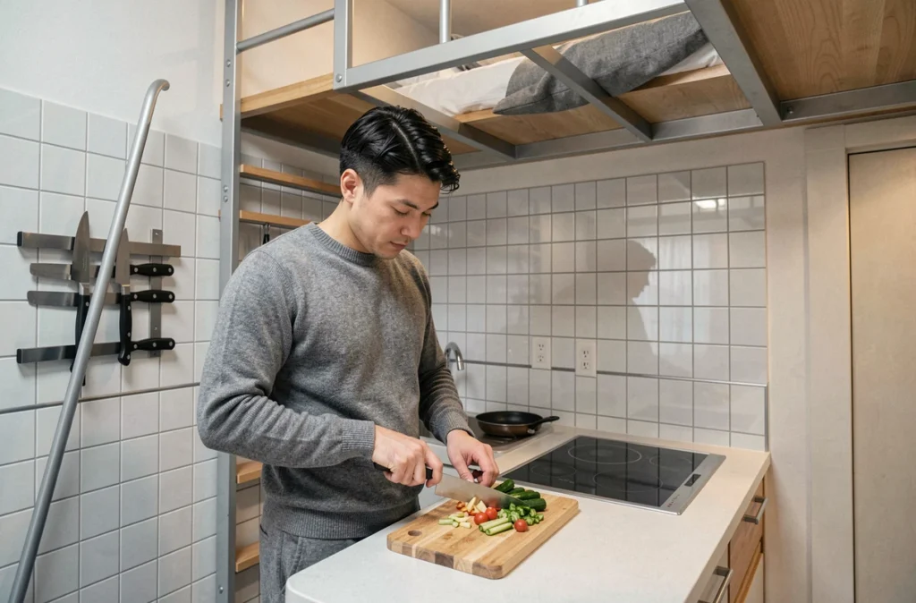 Homme cuisinant dans un micro-appartement optimisé de Tokyo avec espace mezzanine et rangements muraux