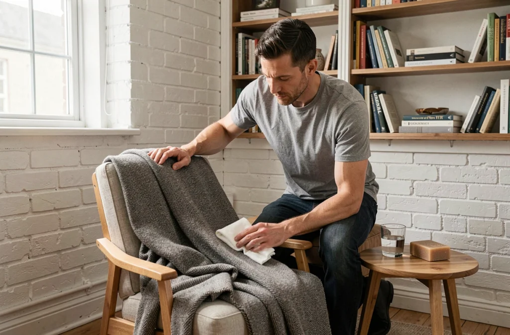 Homme nettoyant une couverture en laine tissée sur un fauteuil en bois dans un intérieur scandinave