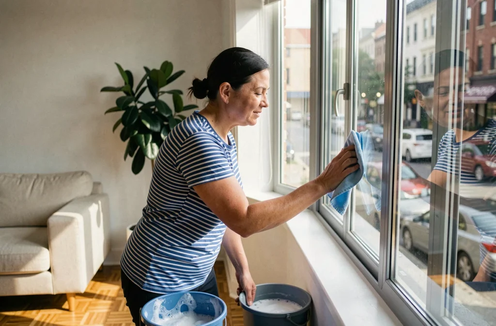 Femme nettoyant les vitres de son appartement pour préparer son intérieur avant l'été
