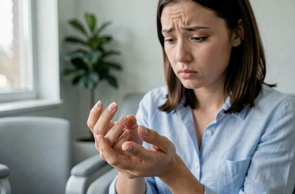 Jeune femme inspectant ses ongles cassants et déformés, symptôme courant d'une carence en fer