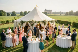 Vue d'ensemble d'un événement en plein air en Loire-Atlantique avec tente décorée, tables dressées et invités élégants dans un cadre champêtre