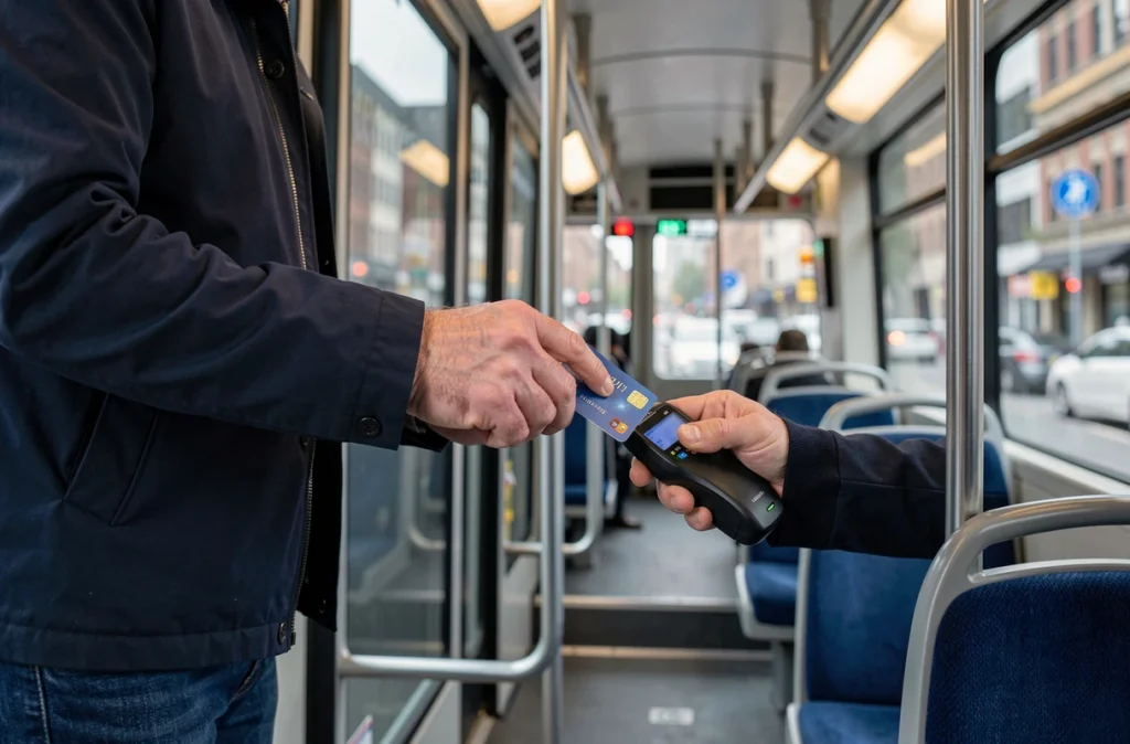Homme payant sans contact avec une carte bancaire dans un bus urbain