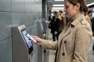 Femme utilisant son smartphone pour un paiement sans contact dans le métro