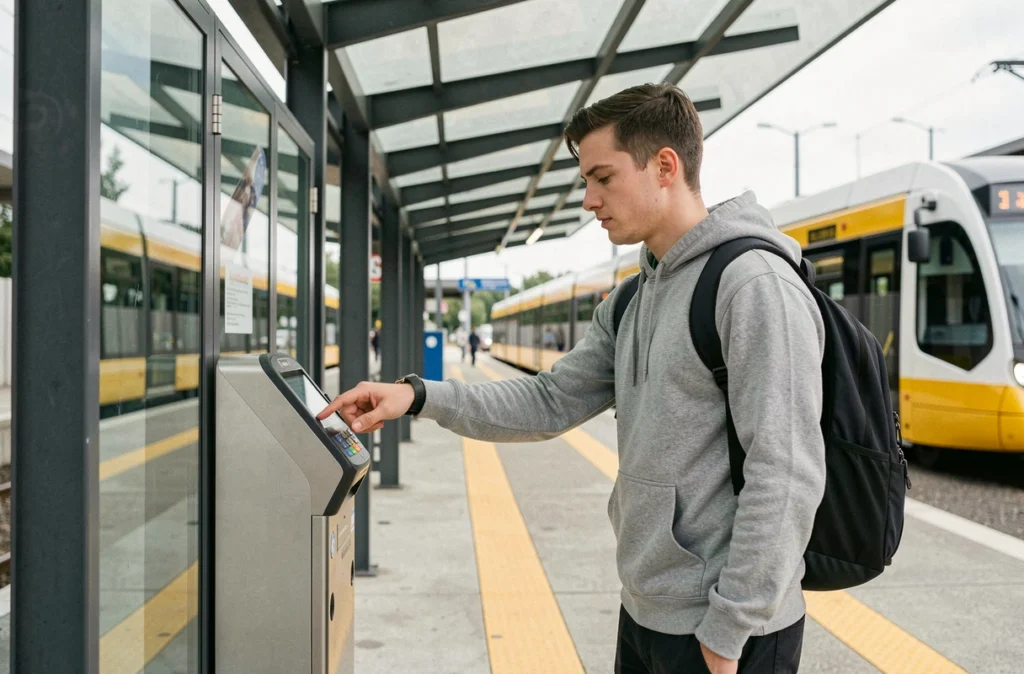 Jeune voyageur utilisant une montre connectée pour payer sans contact à un arrêt de tramway