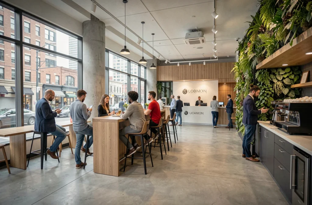 Vue panoramique d'un espace de coworking contemporain en rez-de-chaussée avec professionnels en mouvement et mur végétal