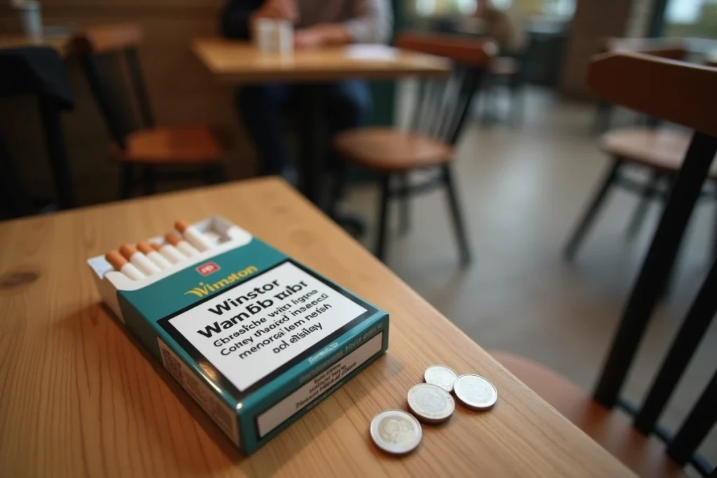 Paquet de cigarettes Winston avec des pièces en euros sur une table de café allemand illustrant le prix en 2026