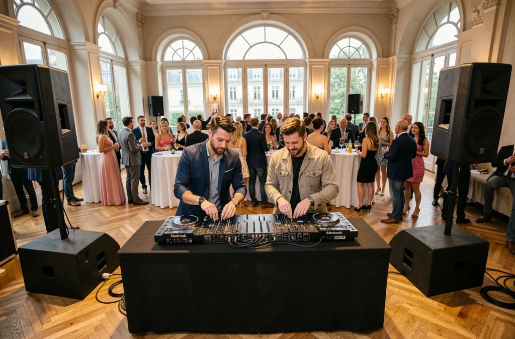 Duo de DJs PariSuperLive en prestation dans une grande salle d'événements parisienne