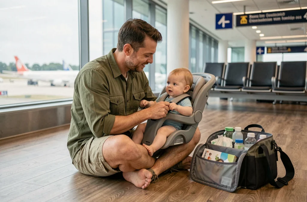 Père avec son bébé dans un aéroport attendant l'embarquement lors d'un voyage en famille