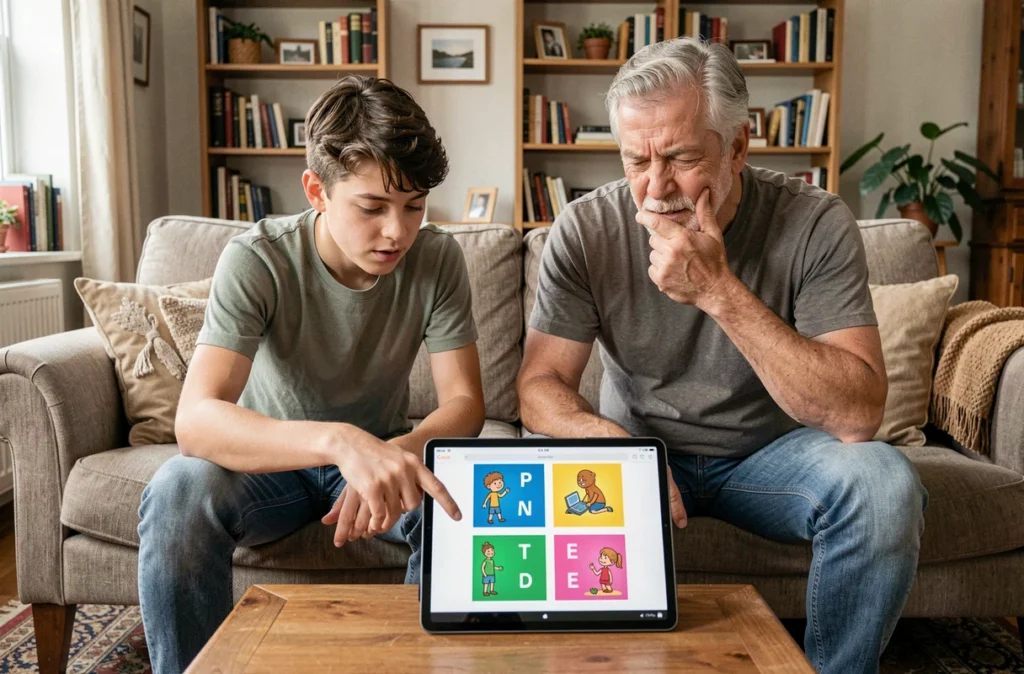 Père et fils jouant ensemble à 4 Images 1 Mot sur tablette dans un salon, cherchant un mot de 9 lettres