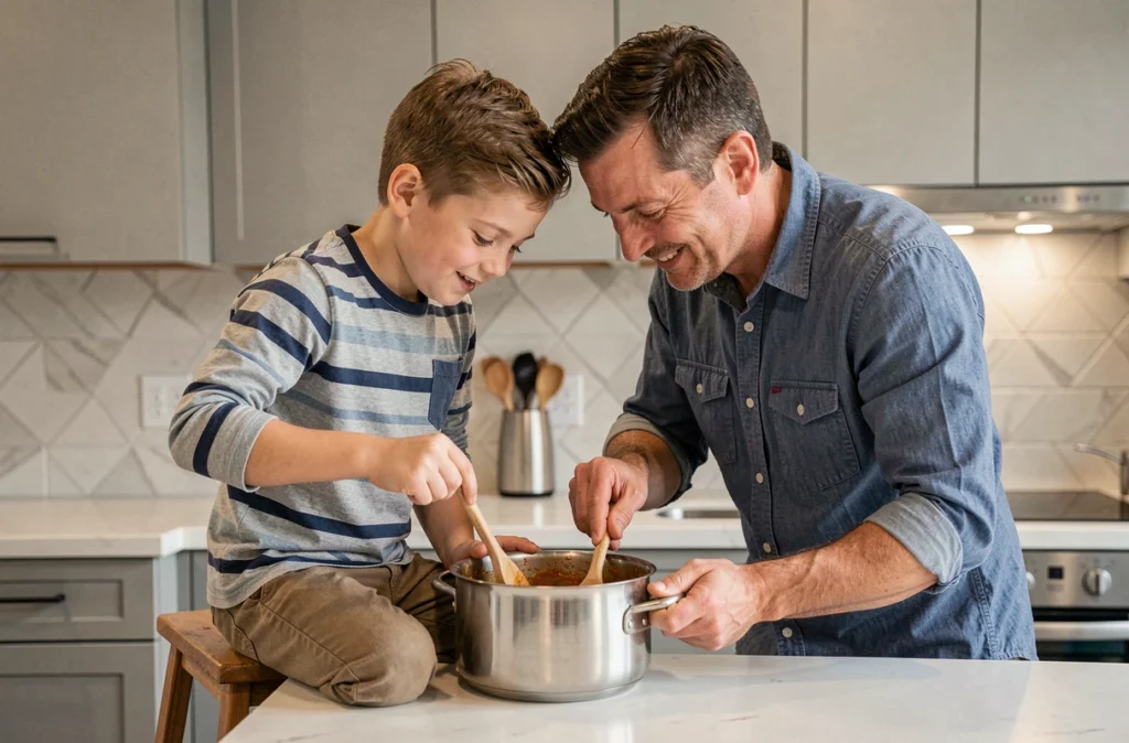 Père et fils cuisinant ensemble une sauce dans une cuisine moderne et familiale
