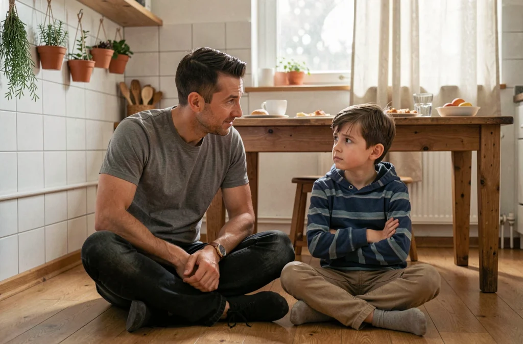 Père assis sur le sol de la cuisine à hauteur de son fils pour désamorcer un conflit avec bienveillance, exemple de parentalité basée sur la communication non violente