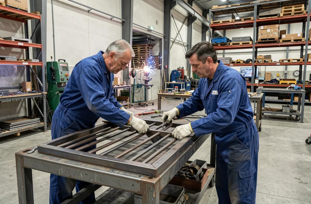 Artisans de Perrin Serrurerie fabriquant un portail en fer forgé sécurisé dans leur atelier de métallurgie des Ardennes