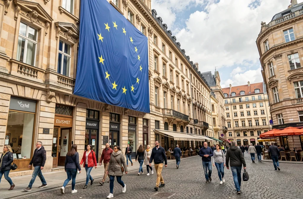 Place publique européenne avec grand drapeau de l'Union européenne suspendu à un bâtiment historique