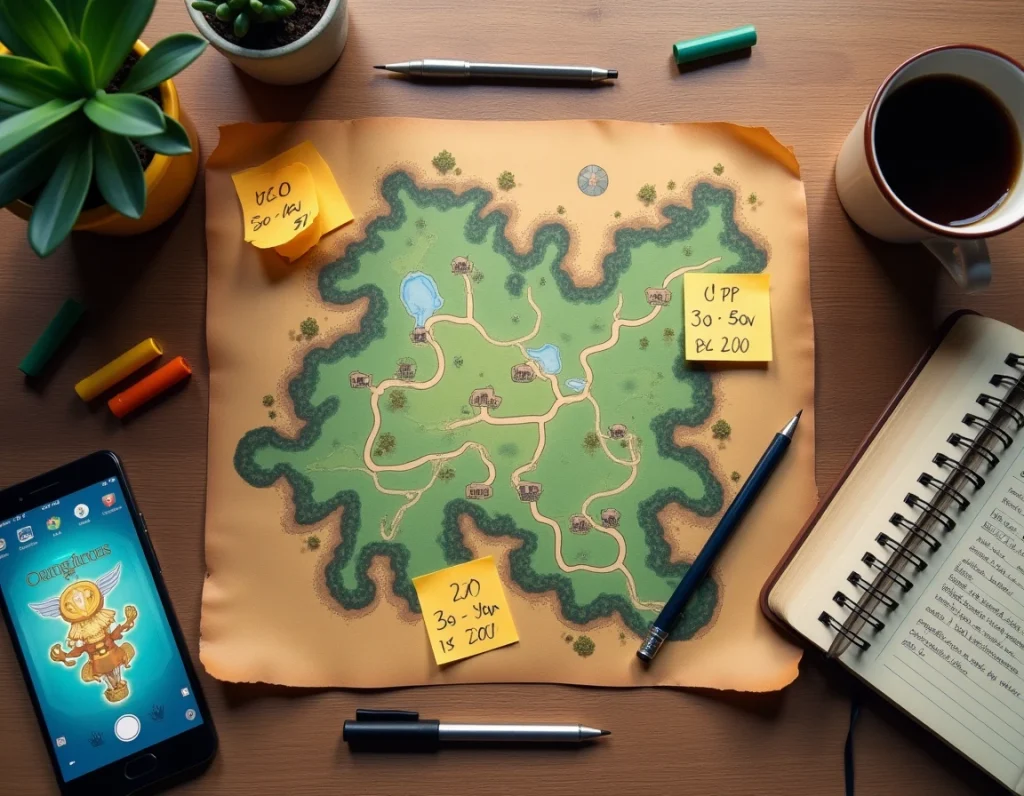 Plan de route XP DOFUS annoté à la main avec niveaux 50 à 200 et stratégie de portails sur un bureau